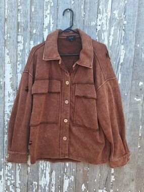 ODDY Women's Brown Distressed Lightweight Shirt Jacket Size 1xl / 2xl